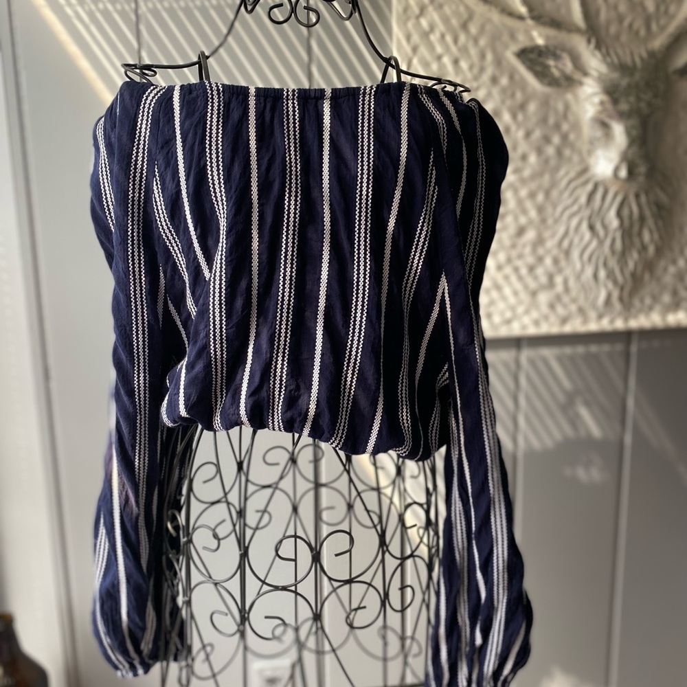 Navy and White Striped Off-Shoulder Crop Top
